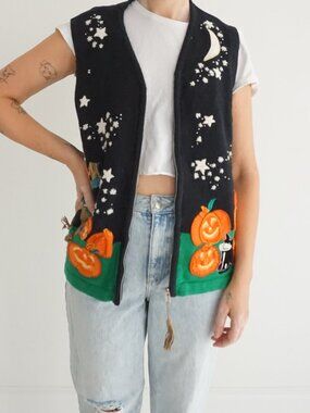 Vintage White Stag Black Pumpkin Moon Cat Halloween Embroidered Zip Vest XL
